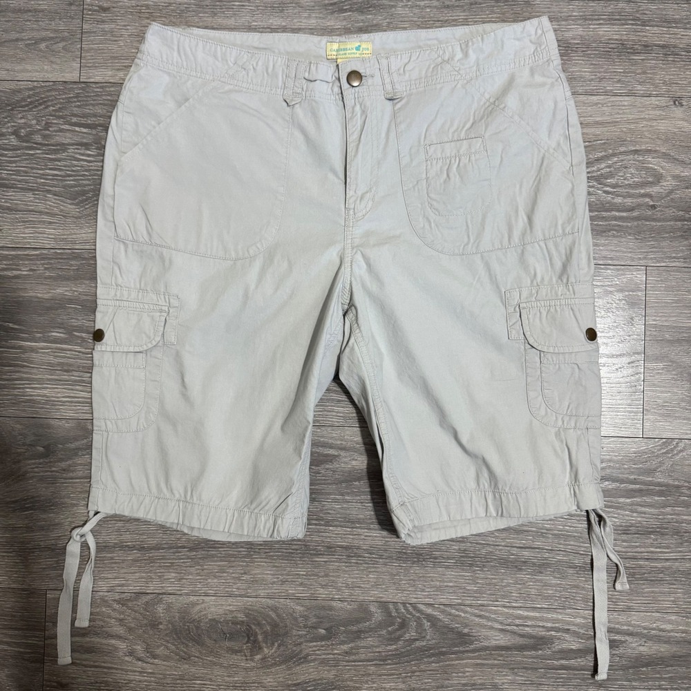 Caribbean Joe Womens Cargo Shorts Stone Khaki Utility Pockets Size 12 Drawstring